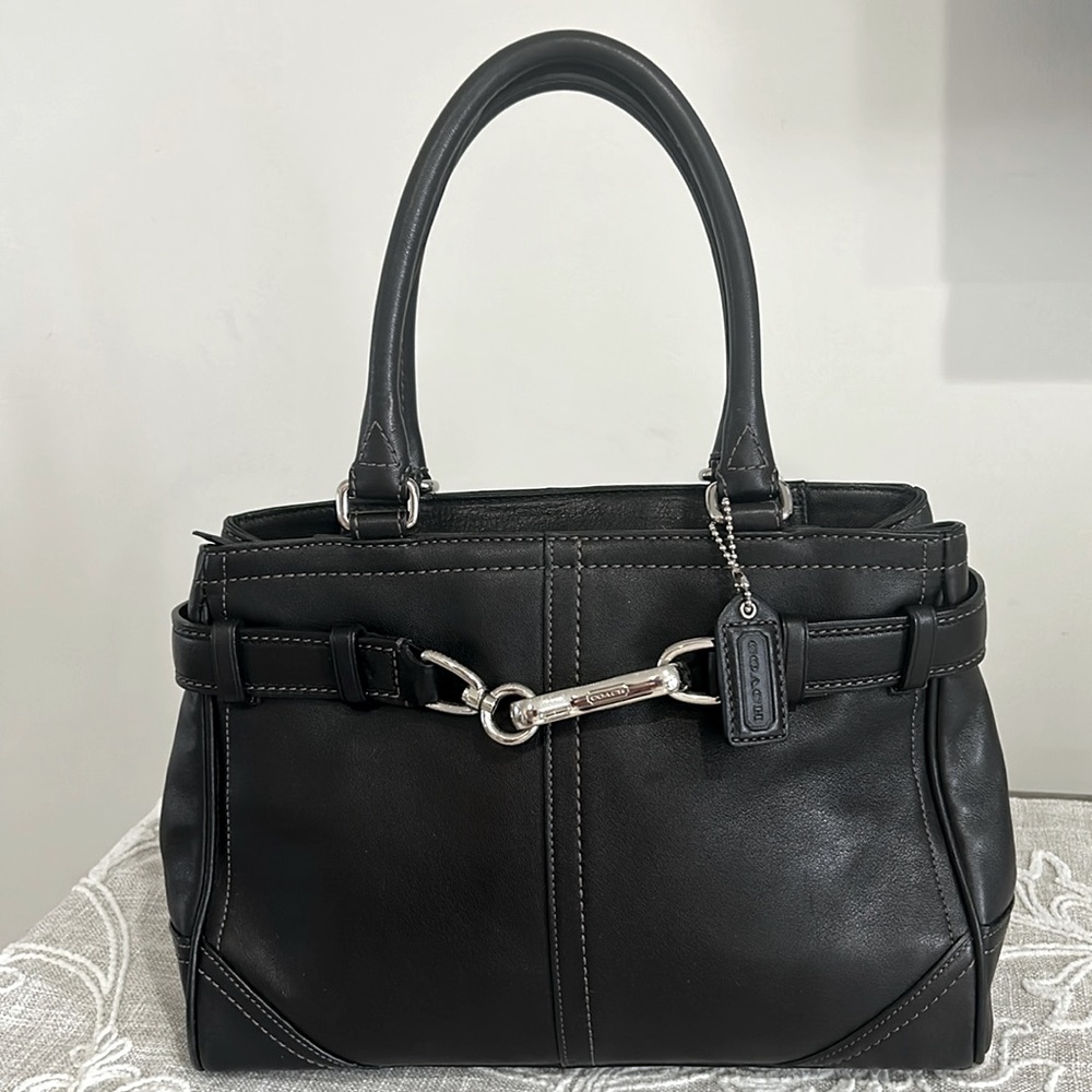 Coach Authentic EUC Hampton Smooth Black Leather Belted Detail Satchel Bag/COA